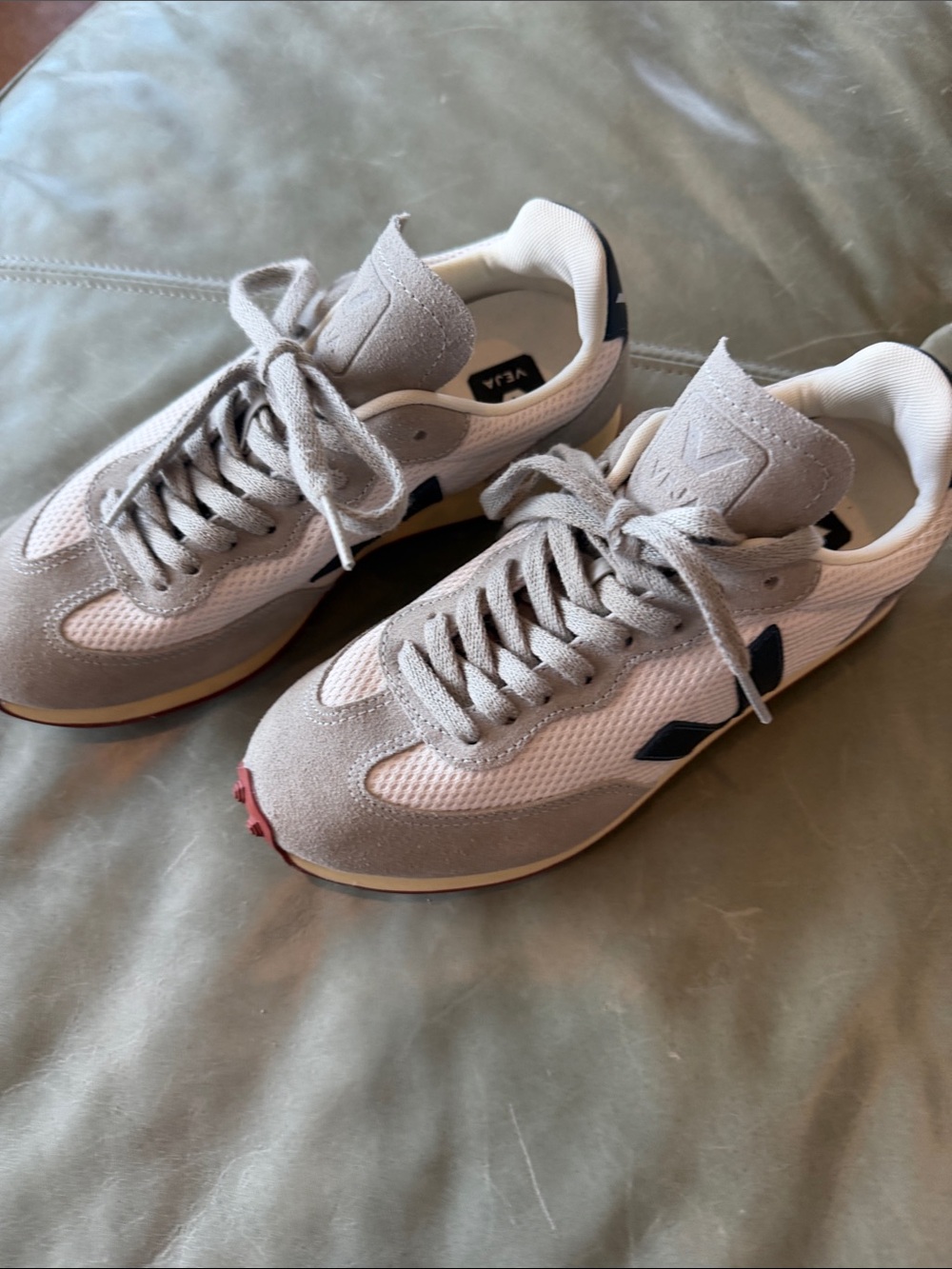 Veja Retro Runner Sneaker in Light Gray with Navy Accents